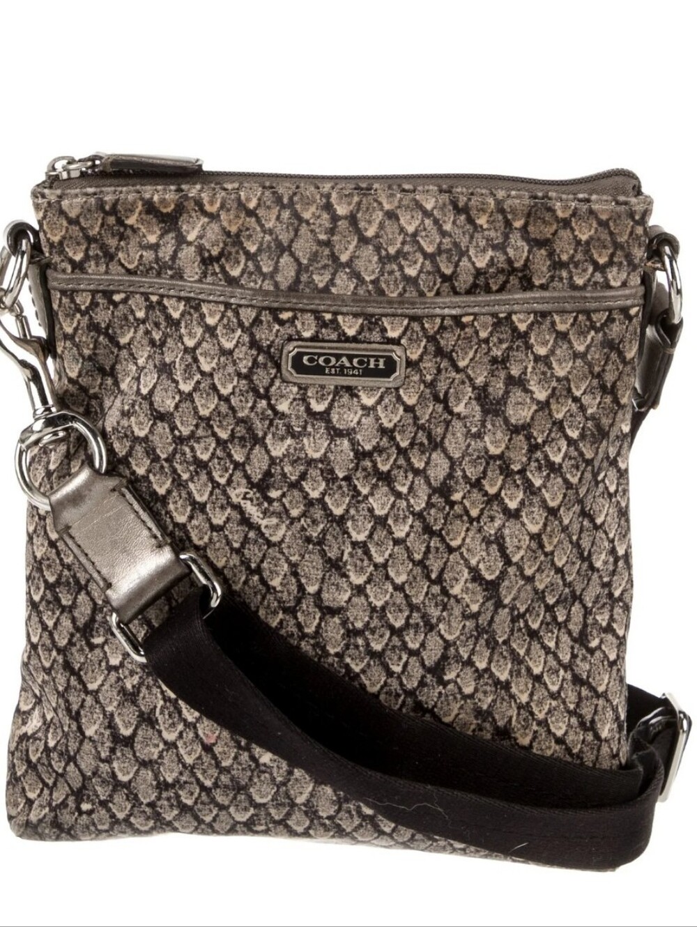 Coach Black/Brown Python Patterned Nylon Crossbody Bag W/metallic gray leather